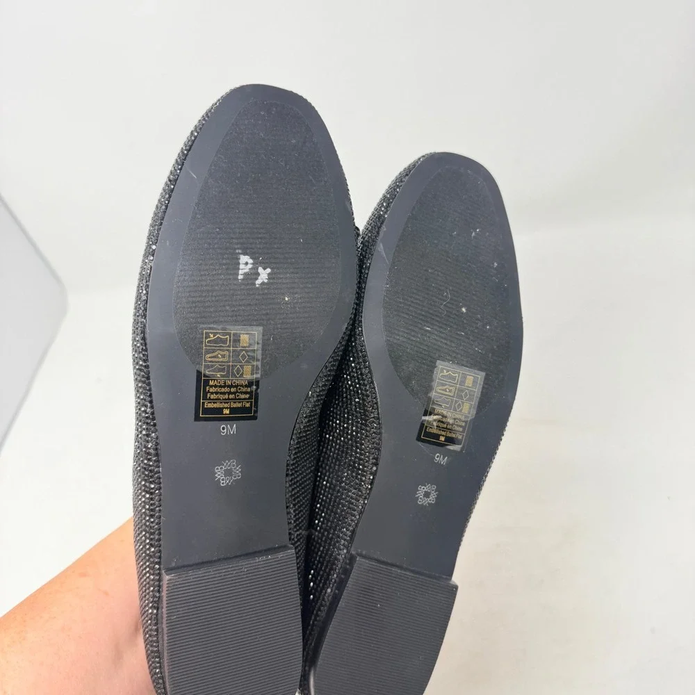 White House Black Market Ballet Flats Black 9 Rhinestone Sparkle Bow Evening